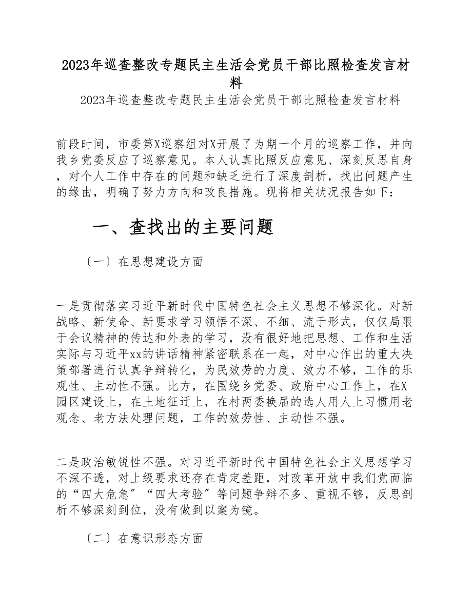 2023年巡查整改专题民主生活会党员干部对照检查发言材料.doc_第1页