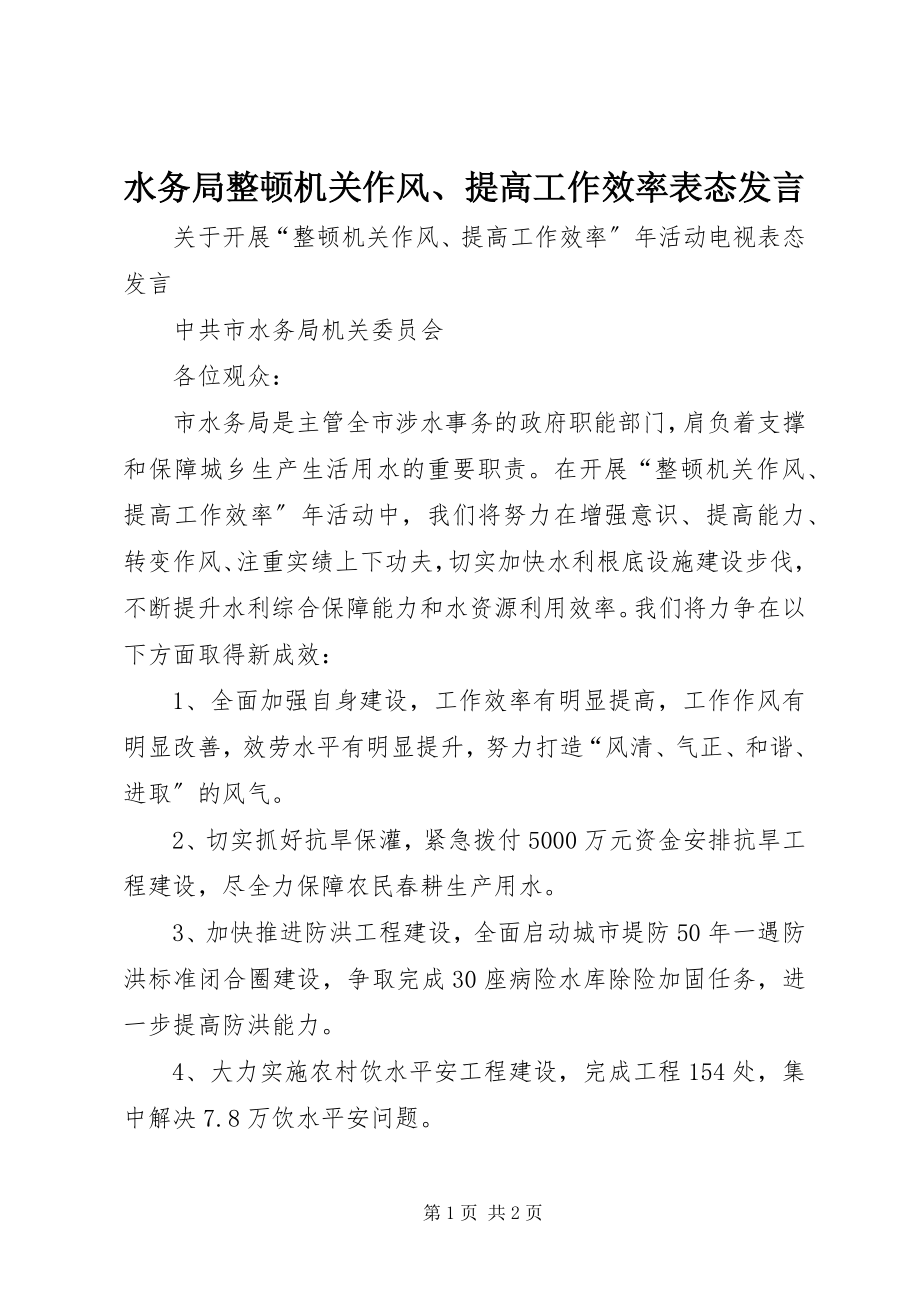 2023年水务局整顿机关作风提高工作效率表态讲话.docx_第1页