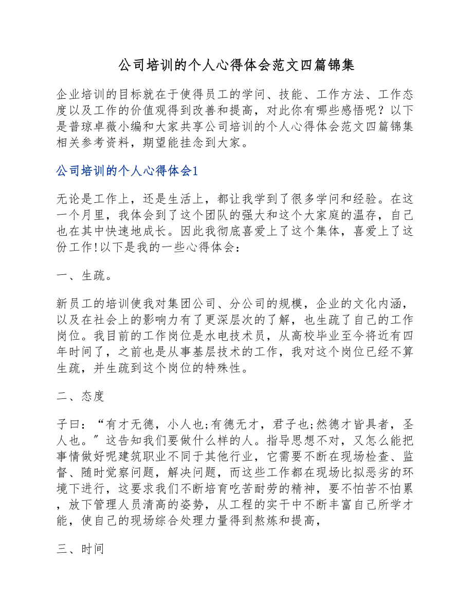 2023年公司培训的个人心得体会四篇.docx_第1页