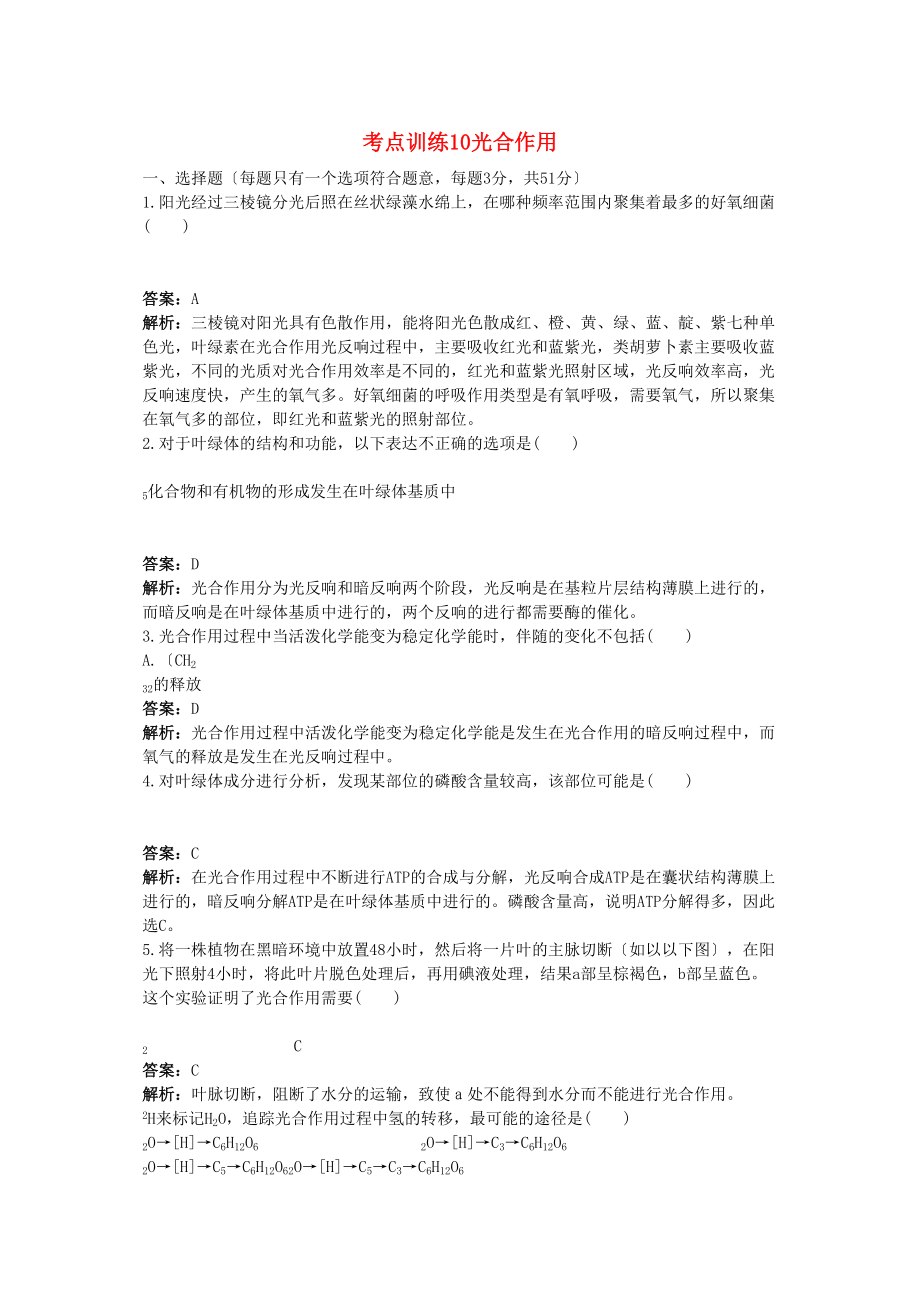 2023年高考生物一轮考点训练带详细解析10　光合作用.docx_第1页