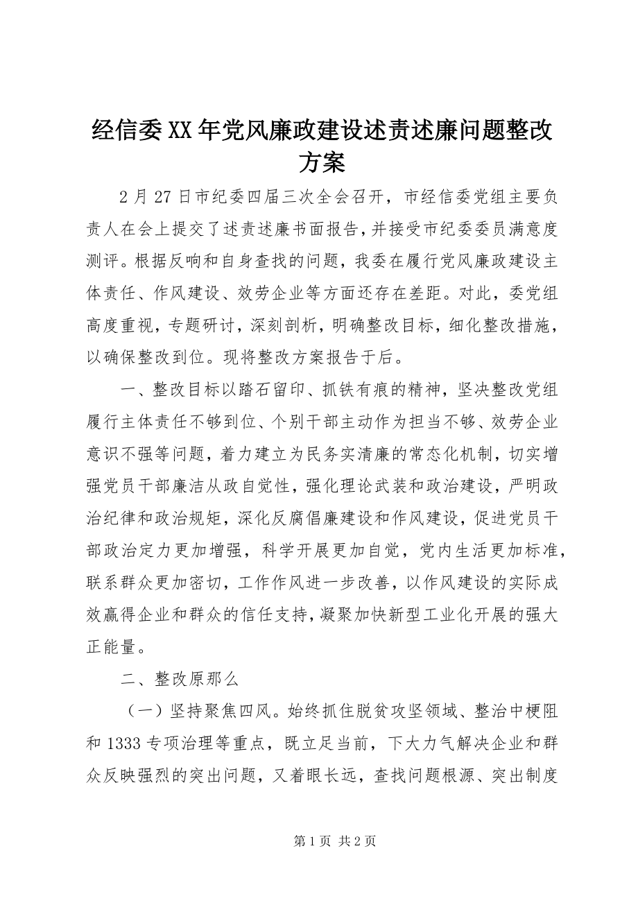 2023年经信委党风廉政建设述责述廉问题整改方案.docx_第1页