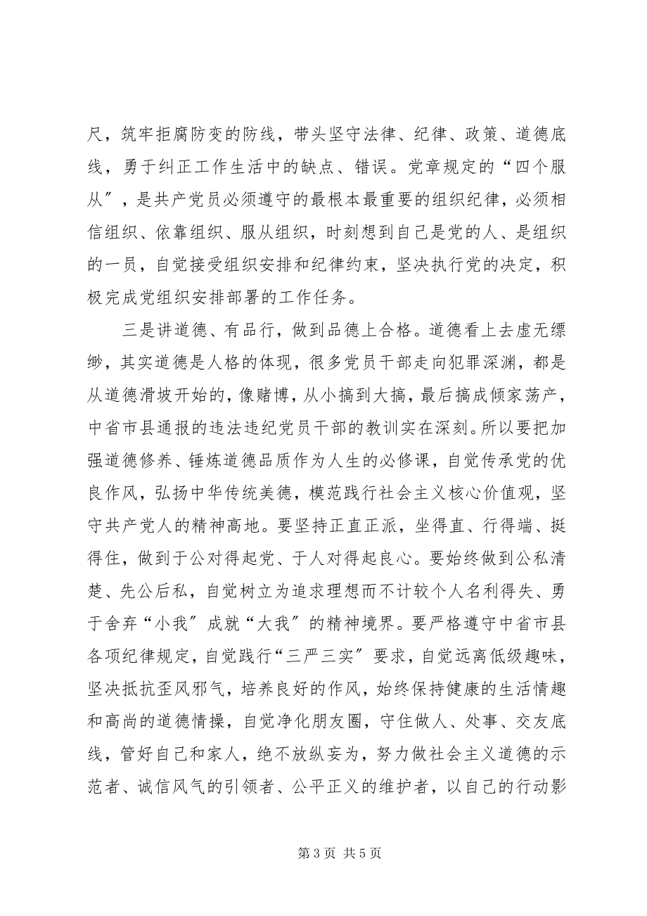 2023年两学一做学习教育专题党课讲稿践行四讲四有争做合格党员.docx_第3页