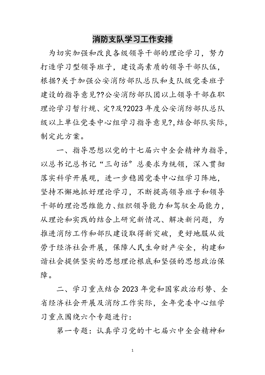 2023年消防支队学习工作安排范文.doc_第1页