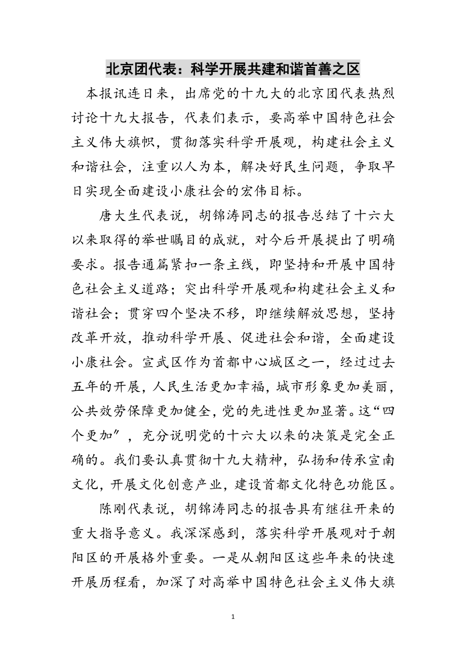 2023年北京团代表：科学发展共建和谐首善之区范文.doc_第1页