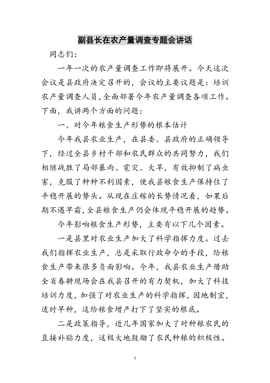 2023年副县长在农产量调查专题会讲话范文.doc_第1页