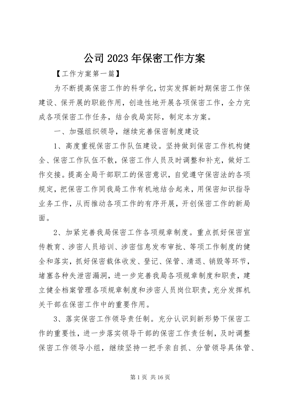 2023年公司某年保密工作计划精选.docx_第1页