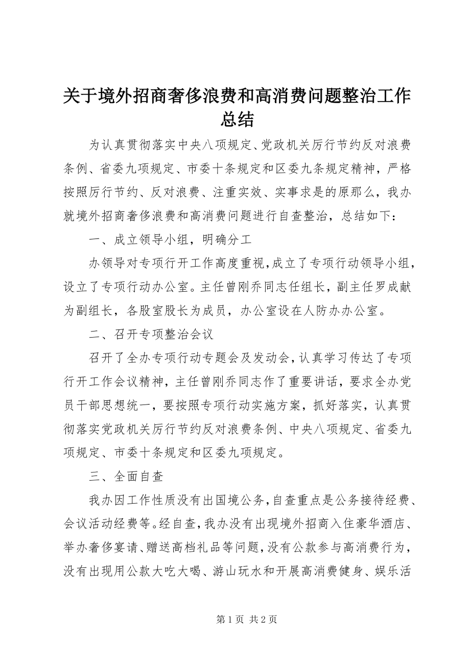 2023年境外招商奢侈浪费和高消费问题整治工作总结.docx_第1页