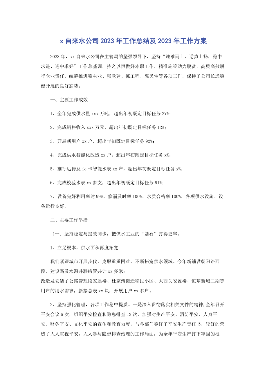 2023年自来水公司工作总结及工作计划.docx_第1页