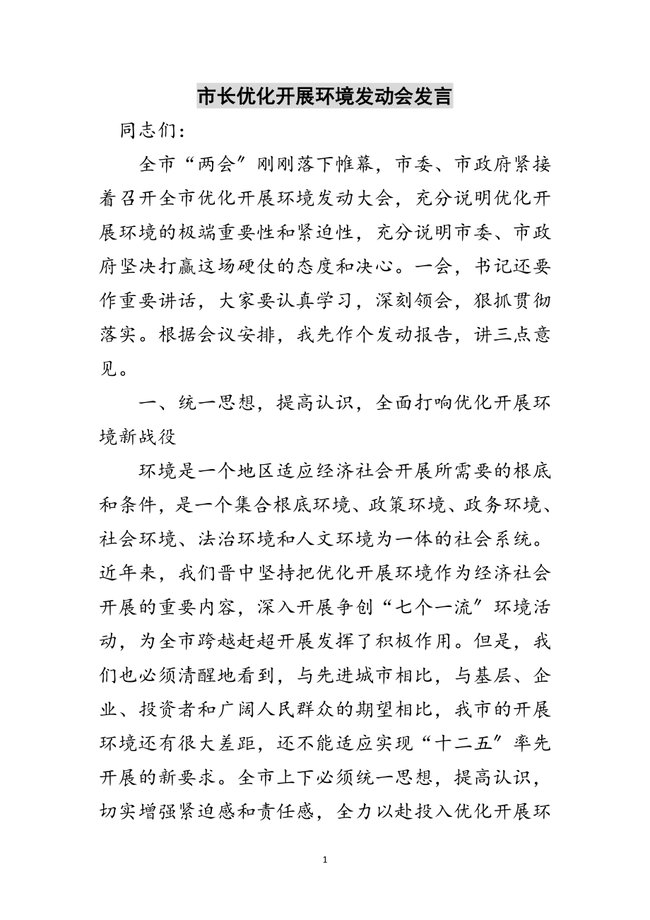 2023年市长优化发展环境动员会发言范文.doc_第1页