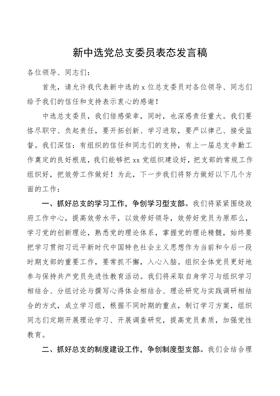 2023年表态发言新当选党总支委员表态发言稿党支部委员党委委员换届选举表态发言.doc_第1页