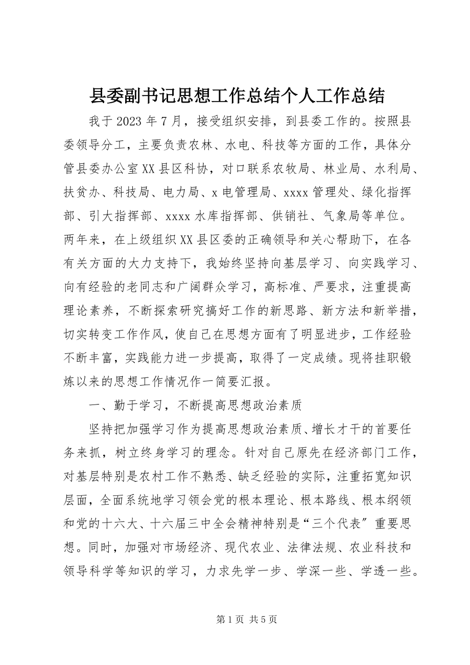 2023年县委副书记思想工作总结个人工作总结.docx_第1页