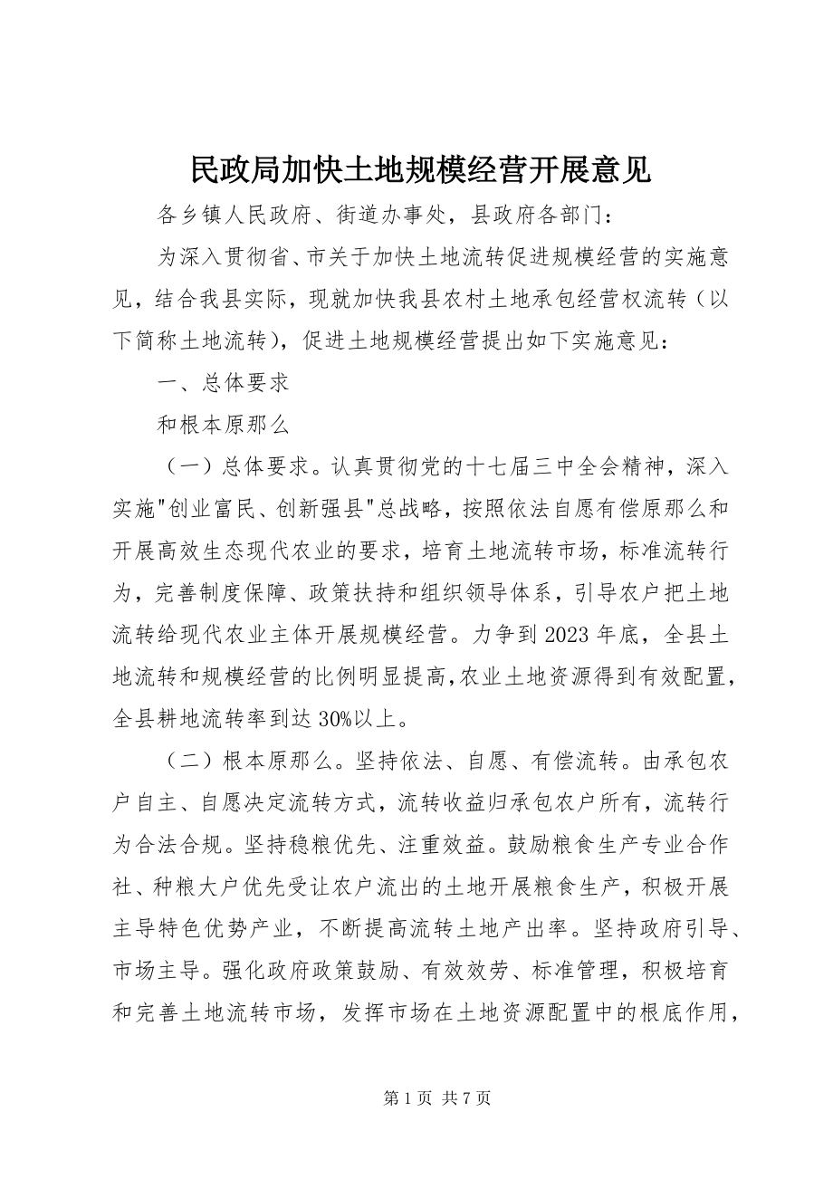 2023年民政局加快土地规模经营发展意见.docx_第1页