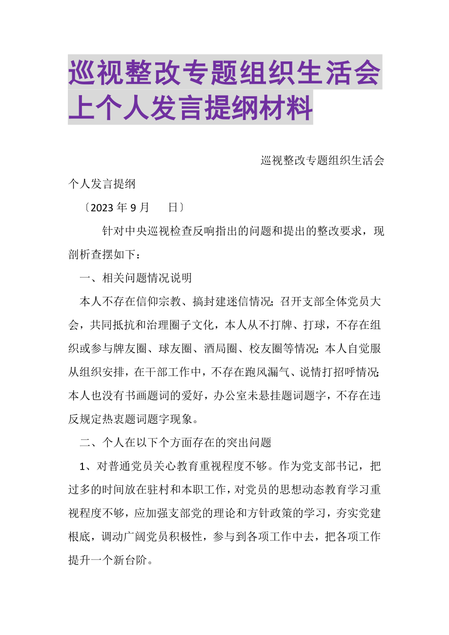 2023年巡视整改专题组织生活会上个人发言提纲材料.doc_第1页