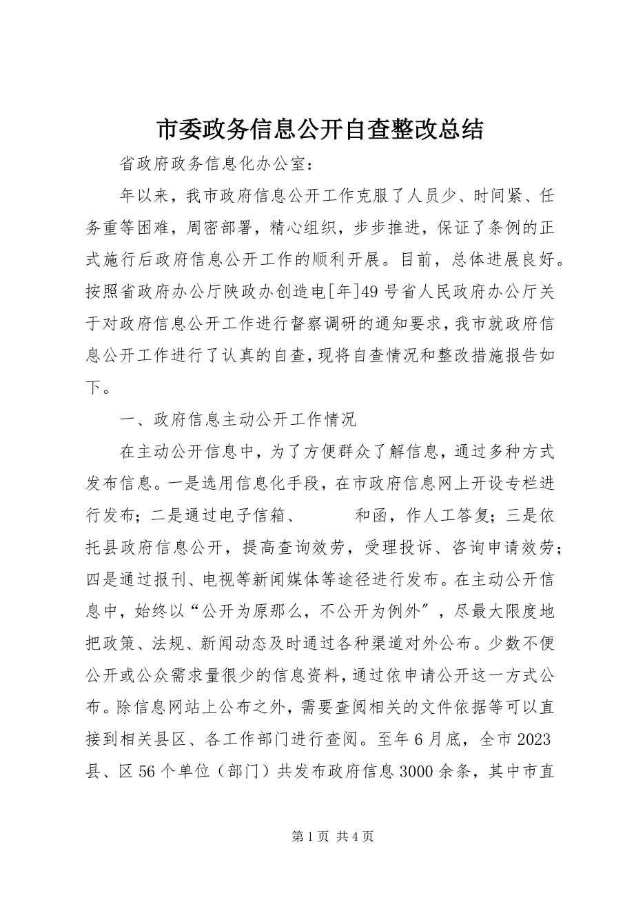 2023年市委政务信息公开自查整改总结.docx_第1页