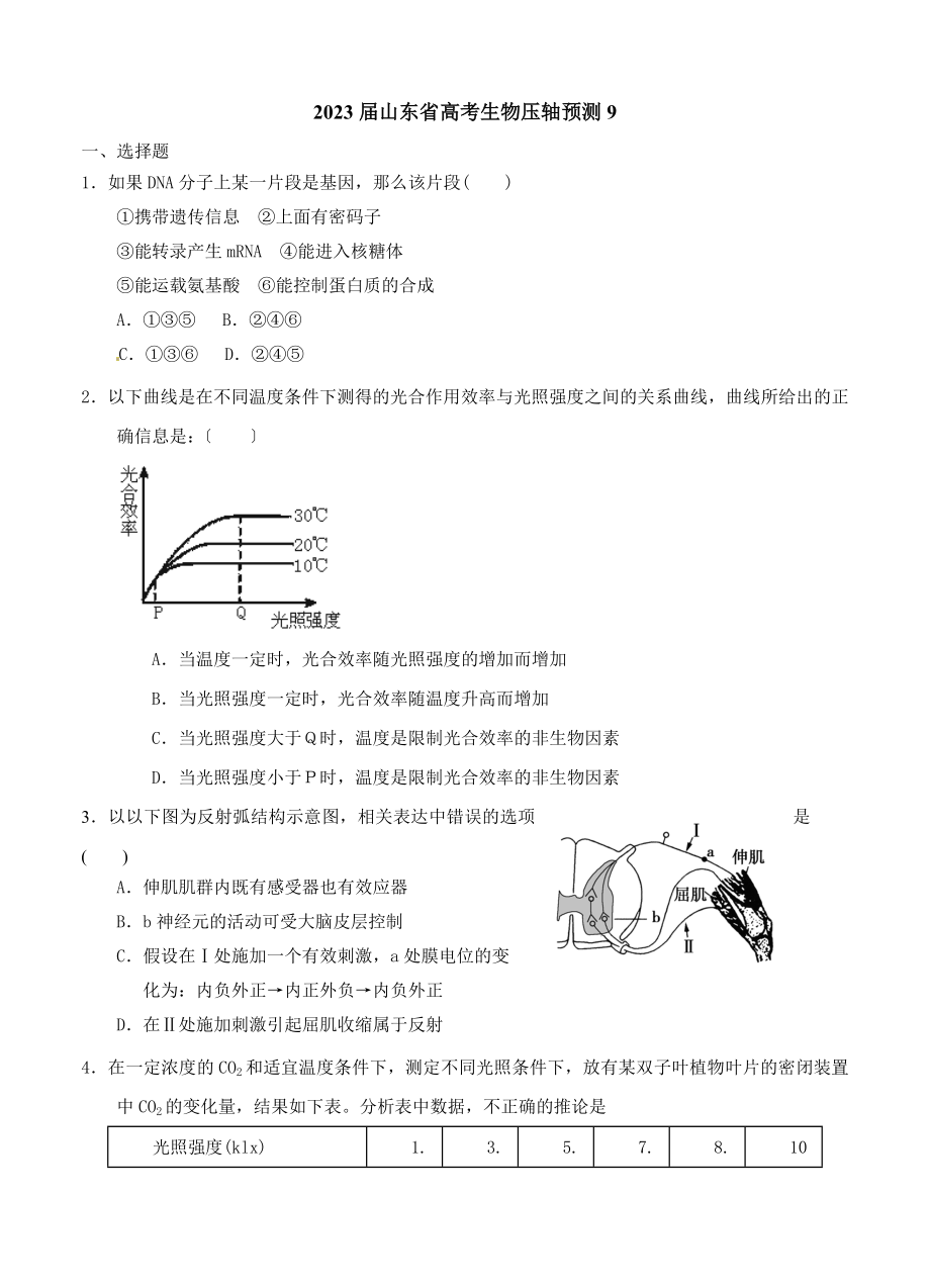 2023年山东省届高考生物压轴预测试题9.doc_第1页