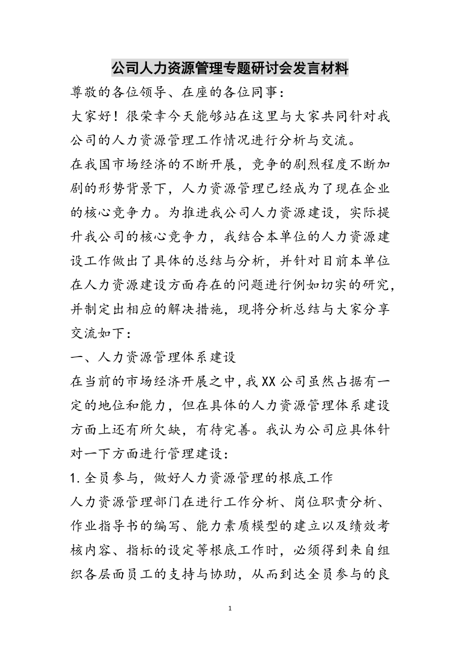 2023年公司人力资源管理专题研讨会发言材料范文.doc_第1页