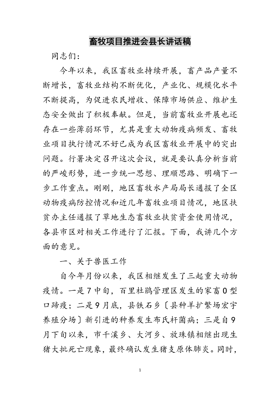 2023年畜牧项目推进会县长讲话稿范文.doc_第1页