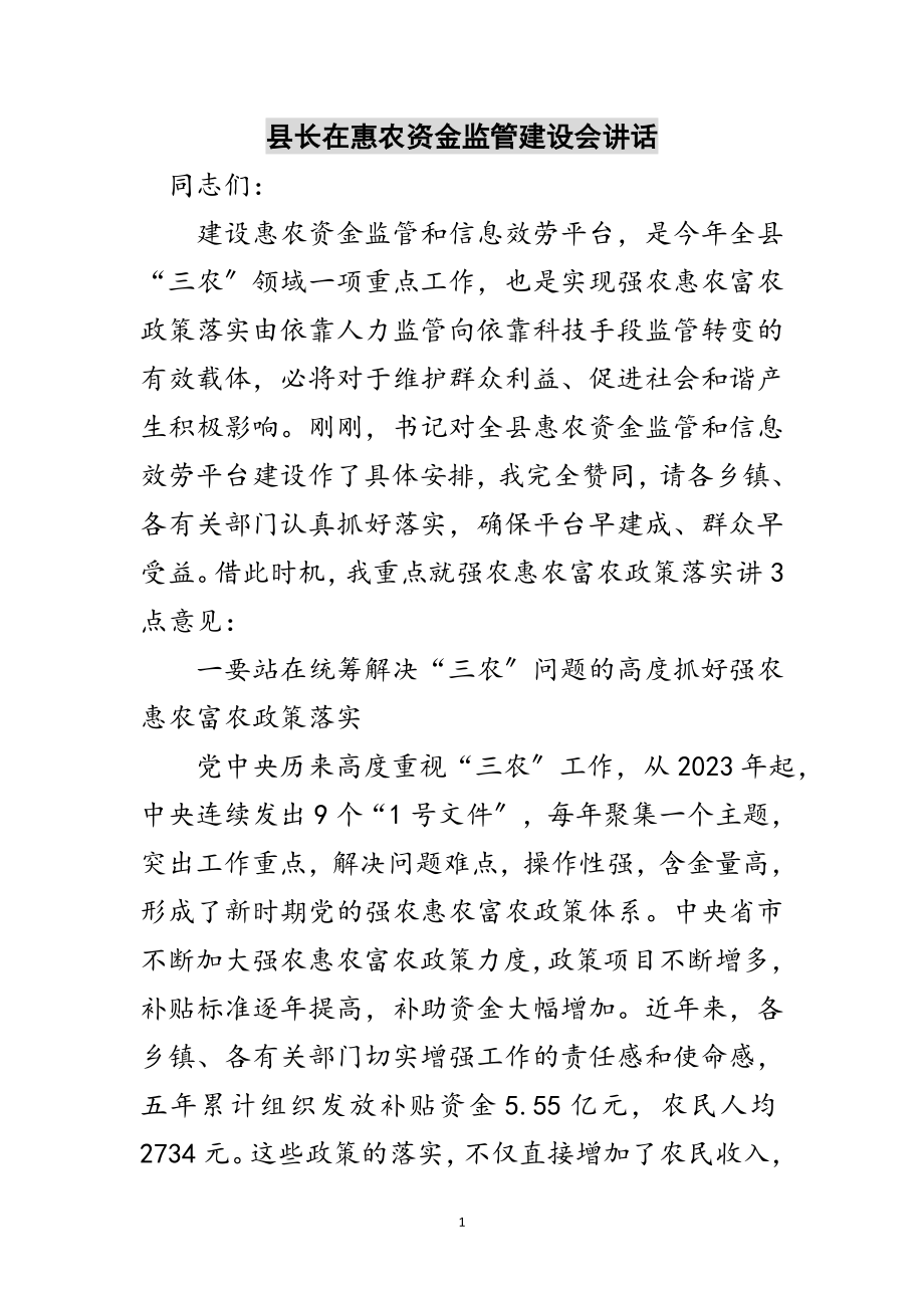 2023年县长在惠农资金监管建设会讲话范文.doc_第1页