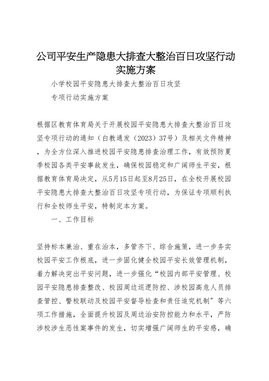 2023年公司安全生产隐患大排查大整治百日攻坚行动实施方案 2.doc_第1页