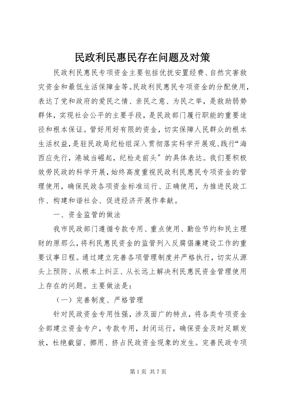 2023年民政利民惠民存在问题及对策.docx_第1页