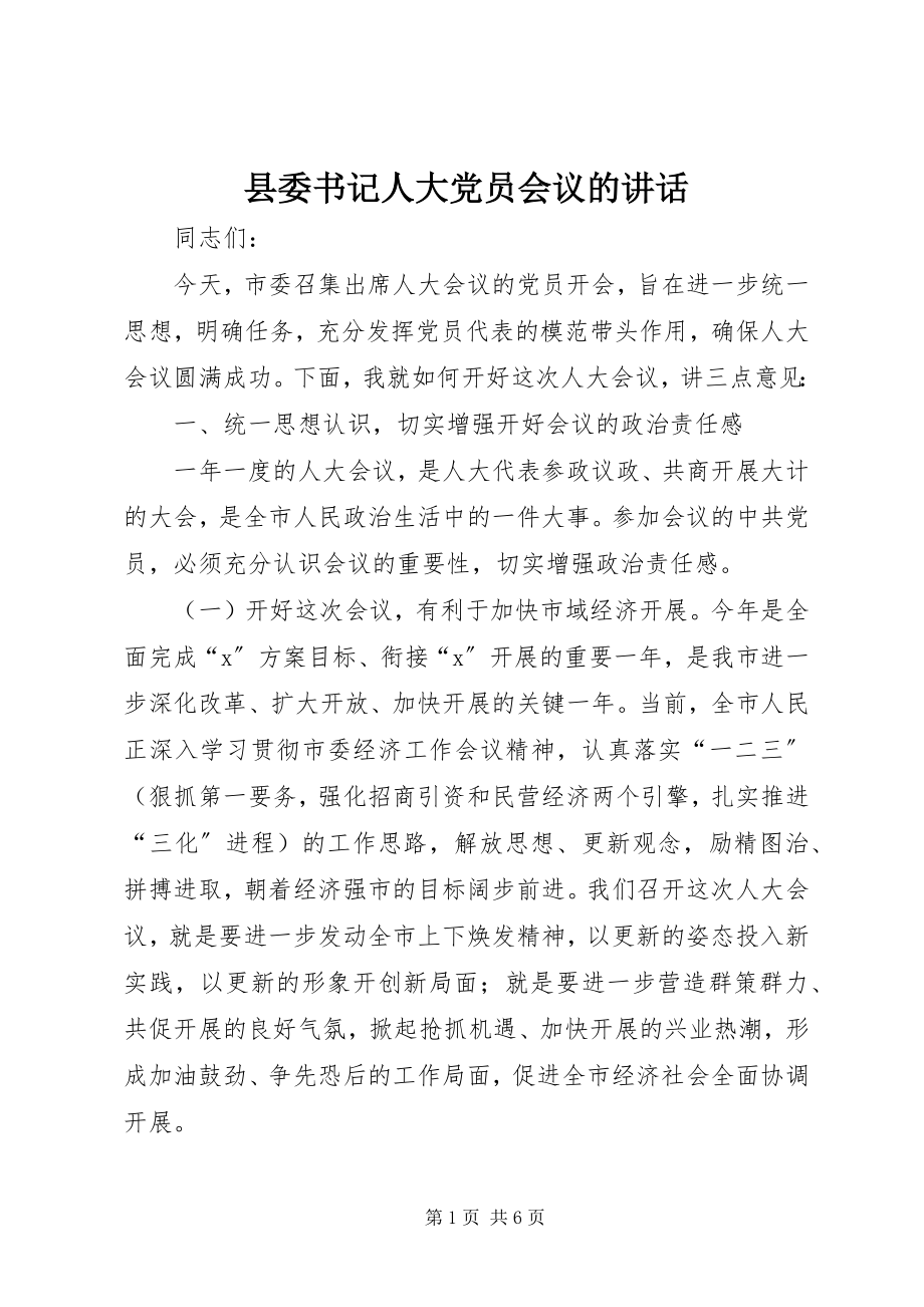 2023年县委书记人大党员会议的致辞.docx_第1页