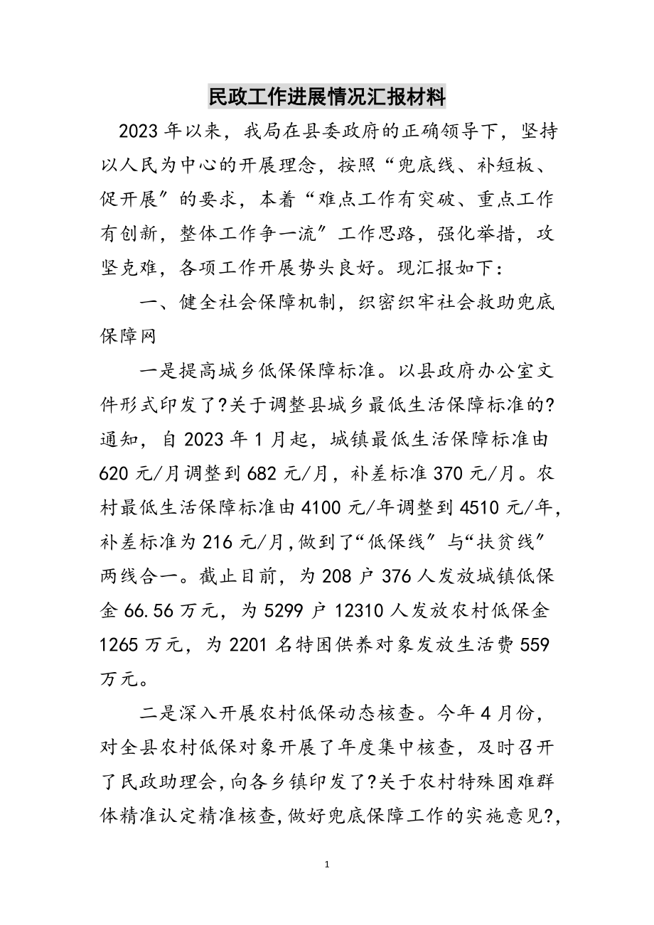 2023年民政工作进展情况汇报材料范文.doc_第1页