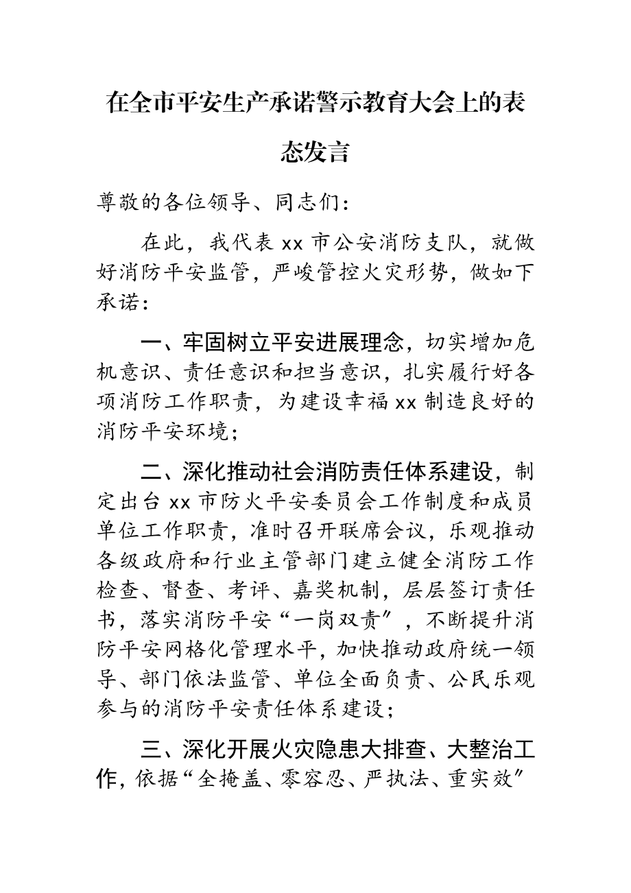 2023年在全市安全生产承诺警示教育大会上的表态发言.doc_第1页