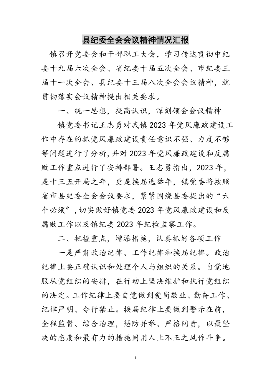 2023年县纪委全会会议精神情况汇报范文.doc_第1页