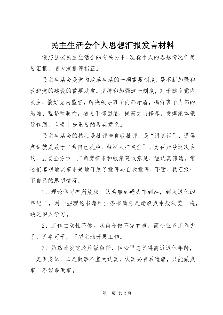 2023年民主生活会个人思想汇报讲话材料.docx_第1页