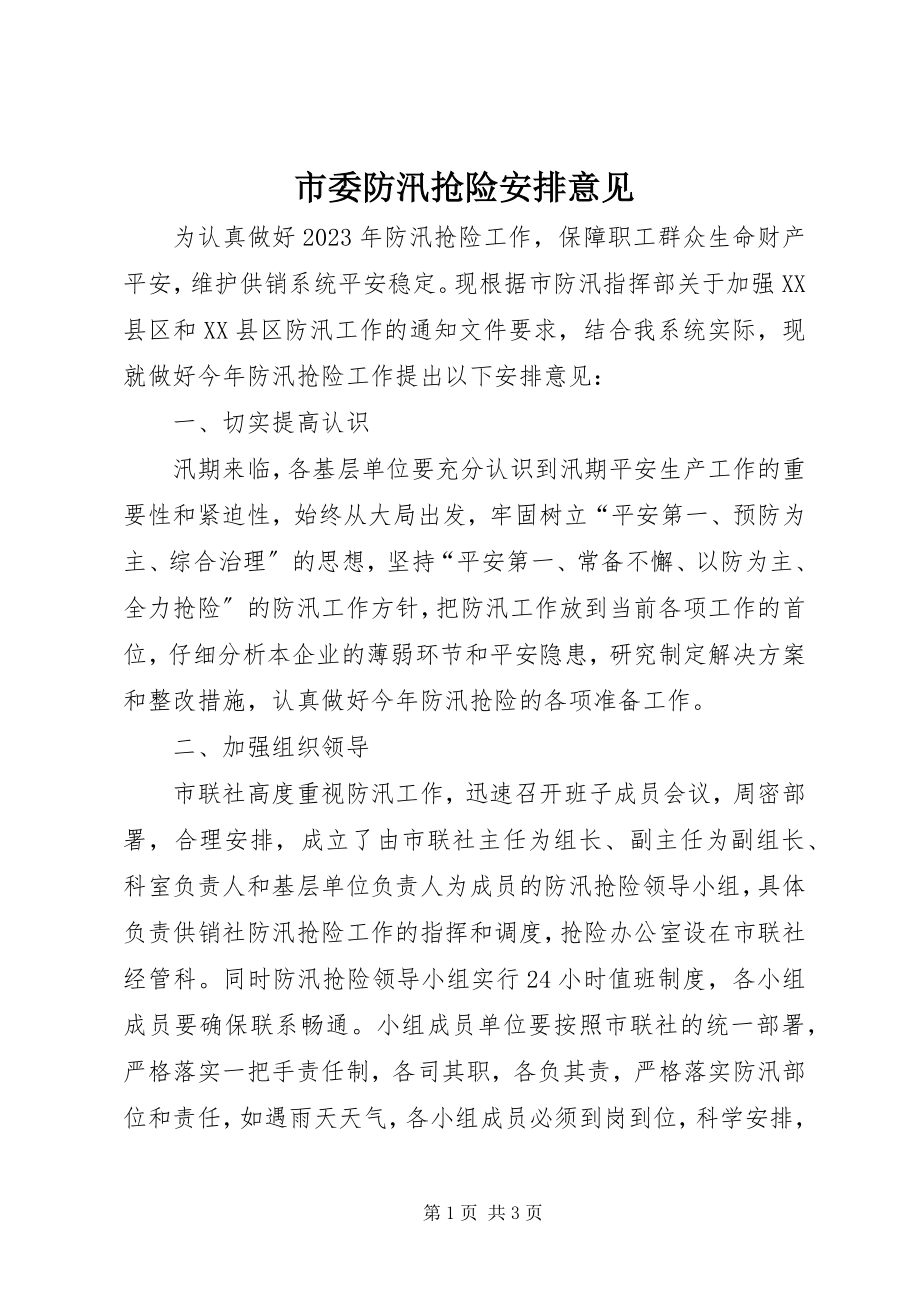 2023年市委防汛抢险安排意见.docx_第1页