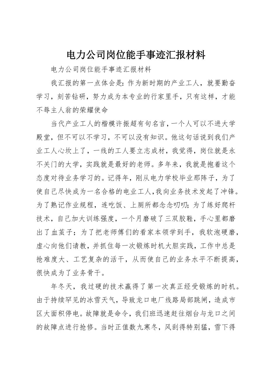 2023年电力公司岗位能手事迹汇报材料新编.docx_第1页