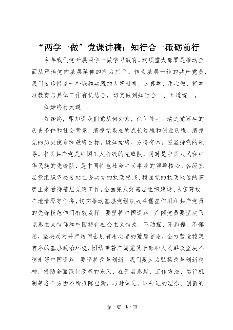 2023年“两学一做”党课讲稿知行合一砥砺前行新编.docx_第1页