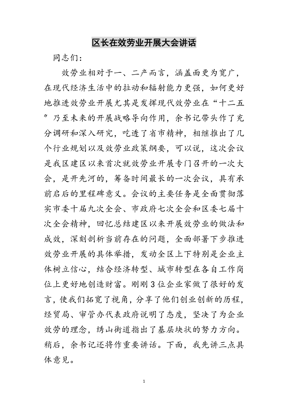 2023年区长在服务业发展大会讲话范文.doc_第1页