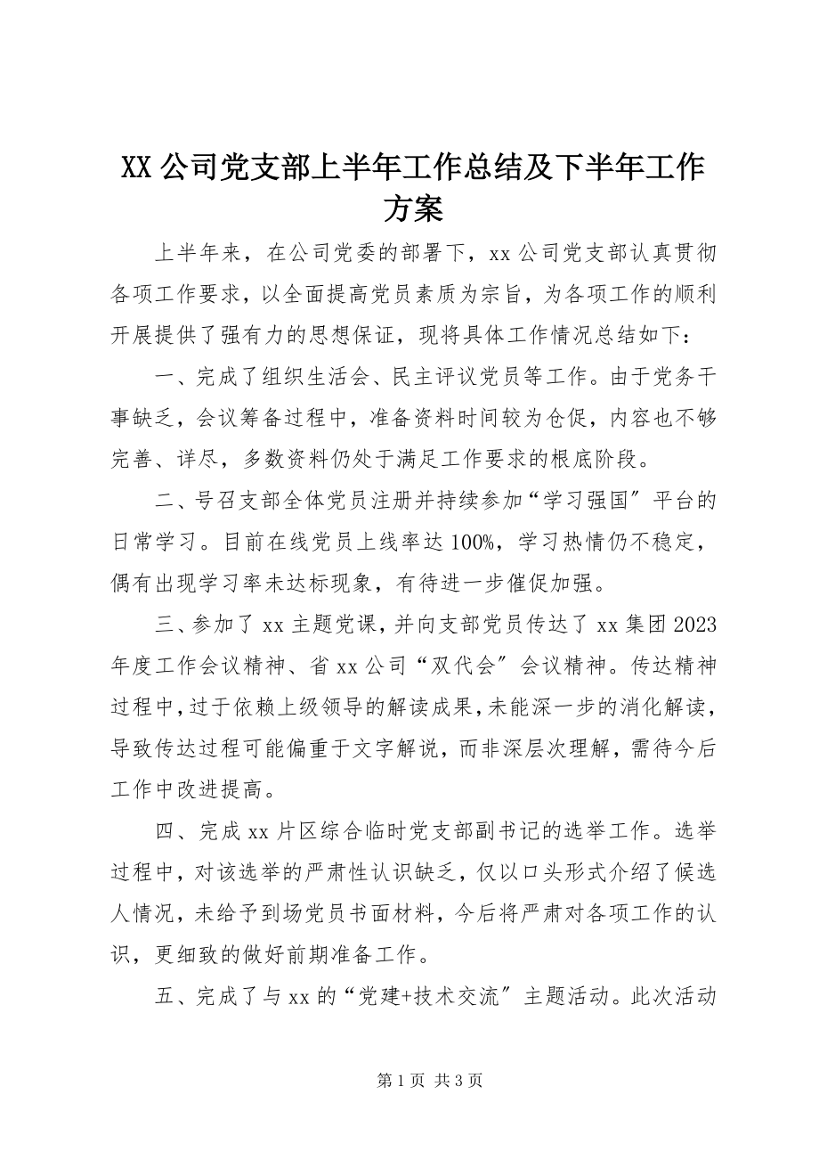 2023年XX公司党支部上半年工作总结及下半年工作计划.docx_第1页