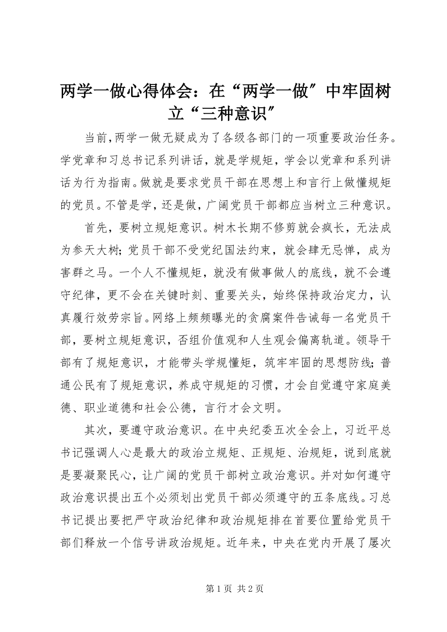 2023年两学一做心得体会在“两学一做”中牢固树立“三种意识”.docx_第1页