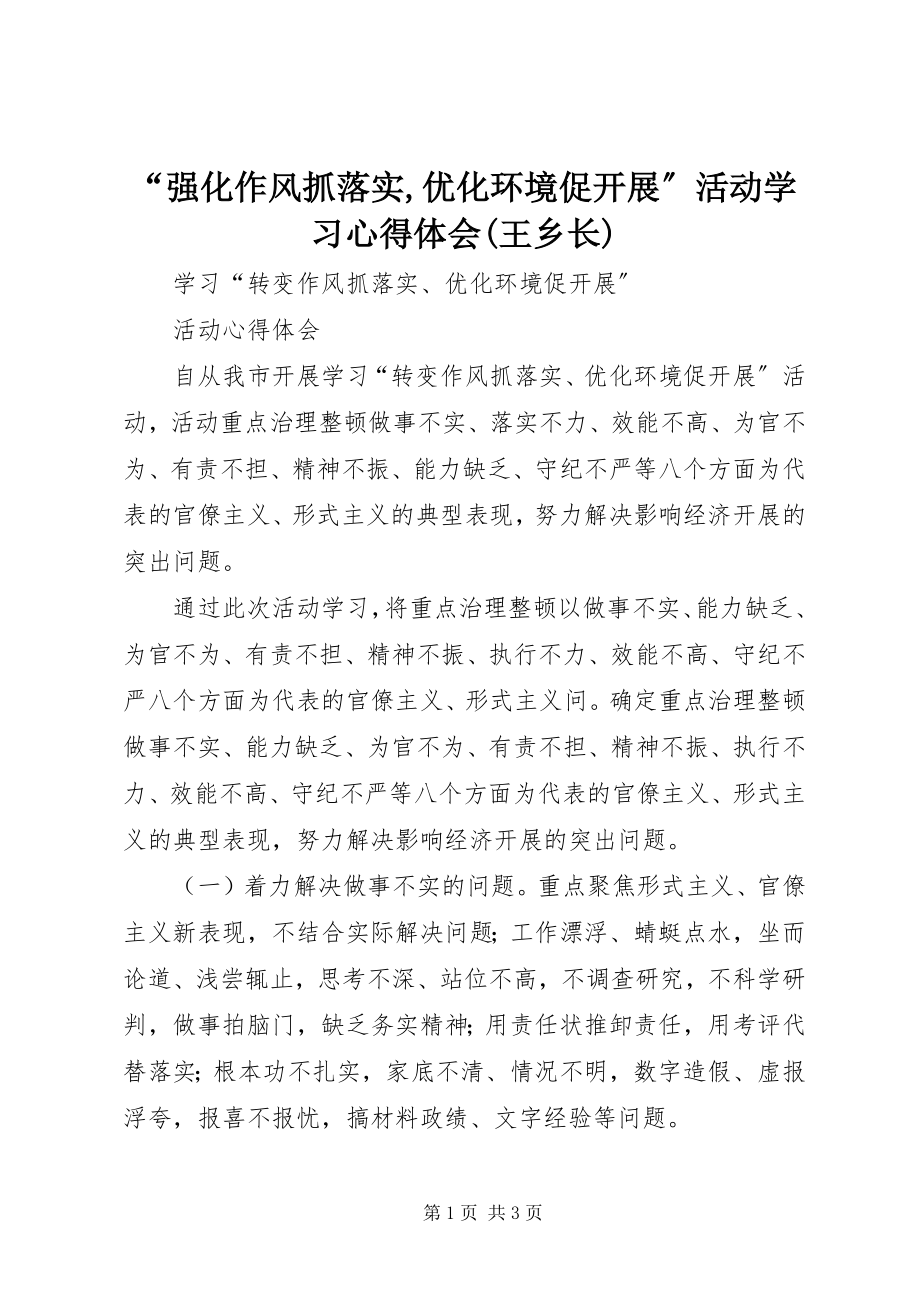 2023年“强化作风抓落实优化环境促发展”活动学习心得体会王乡长新编.docx_第1页