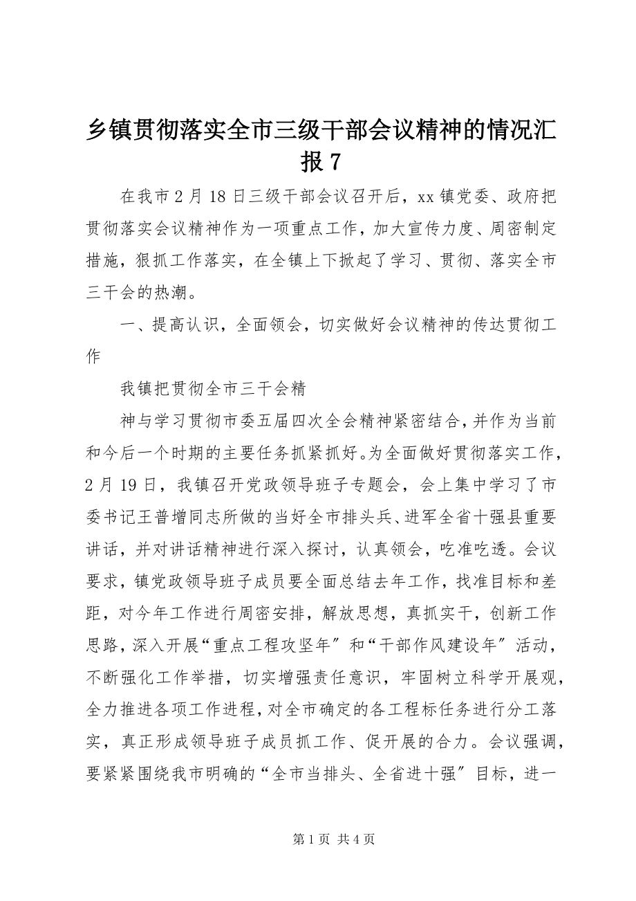 2023年乡镇贯彻落实全市三级干部会议精神的情况汇报7.docx_第1页