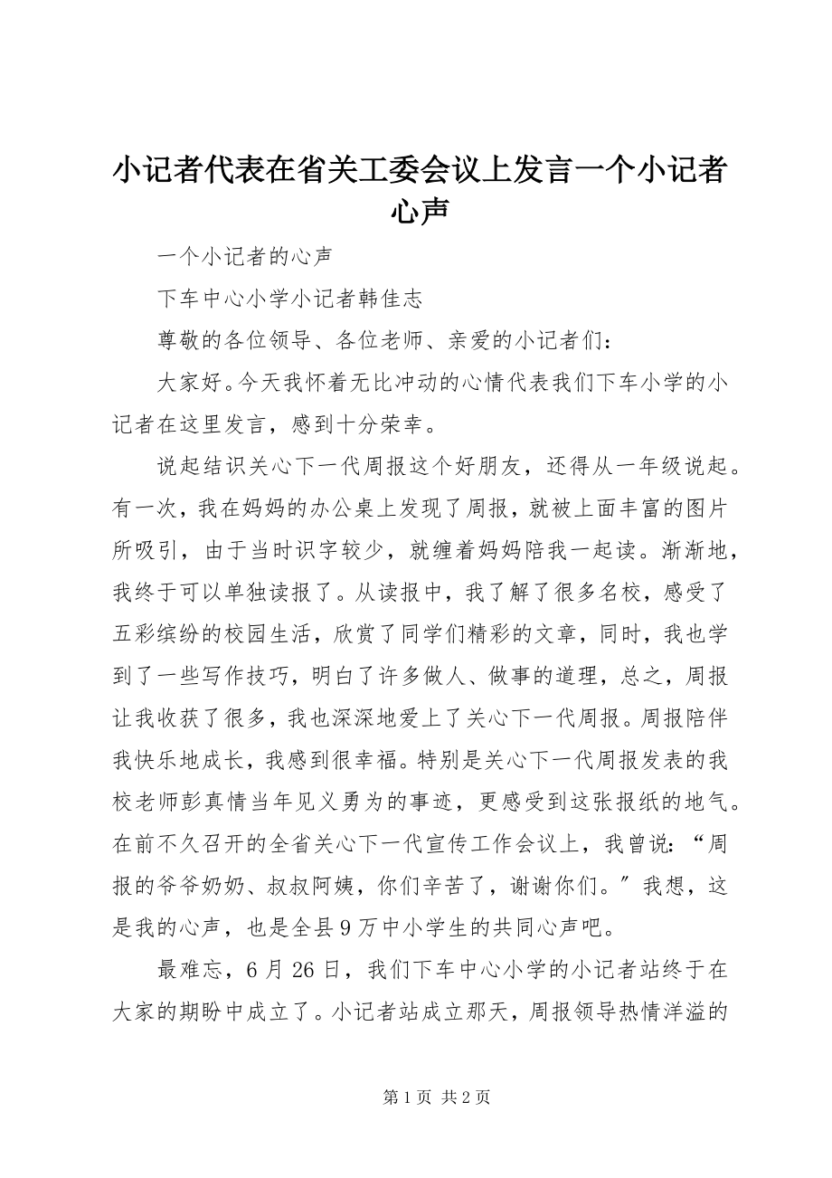 2023年小记者代表在省关工委会议上讲话一个小记者心声.docx_第1页