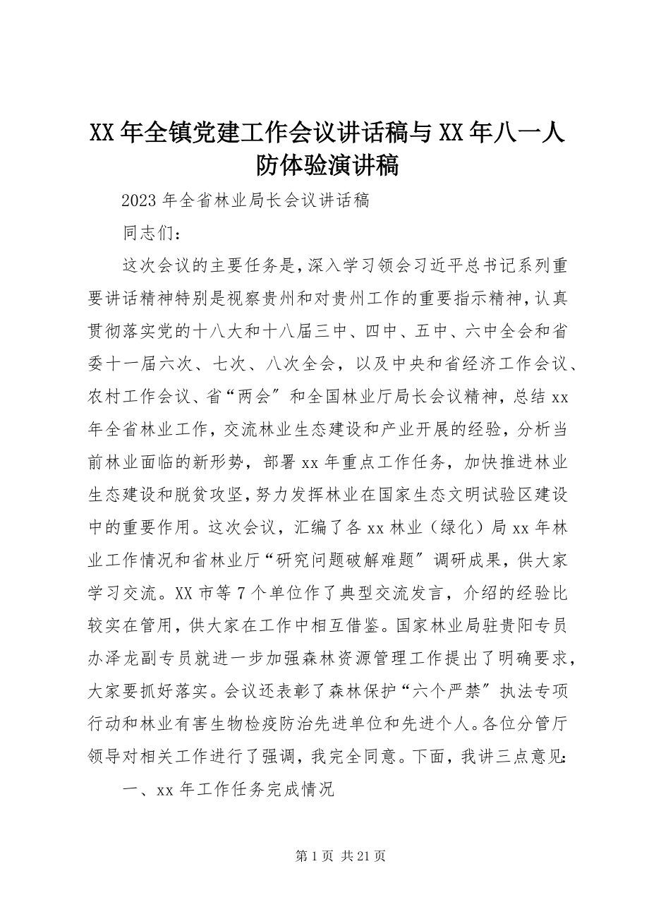 2023年全镇党建工作会议致辞稿与八一人防体验演讲稿.docx_第1页