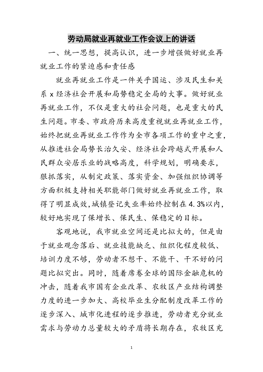 2023年劳动局就业再就业工作会议上的讲话范文.doc_第1页