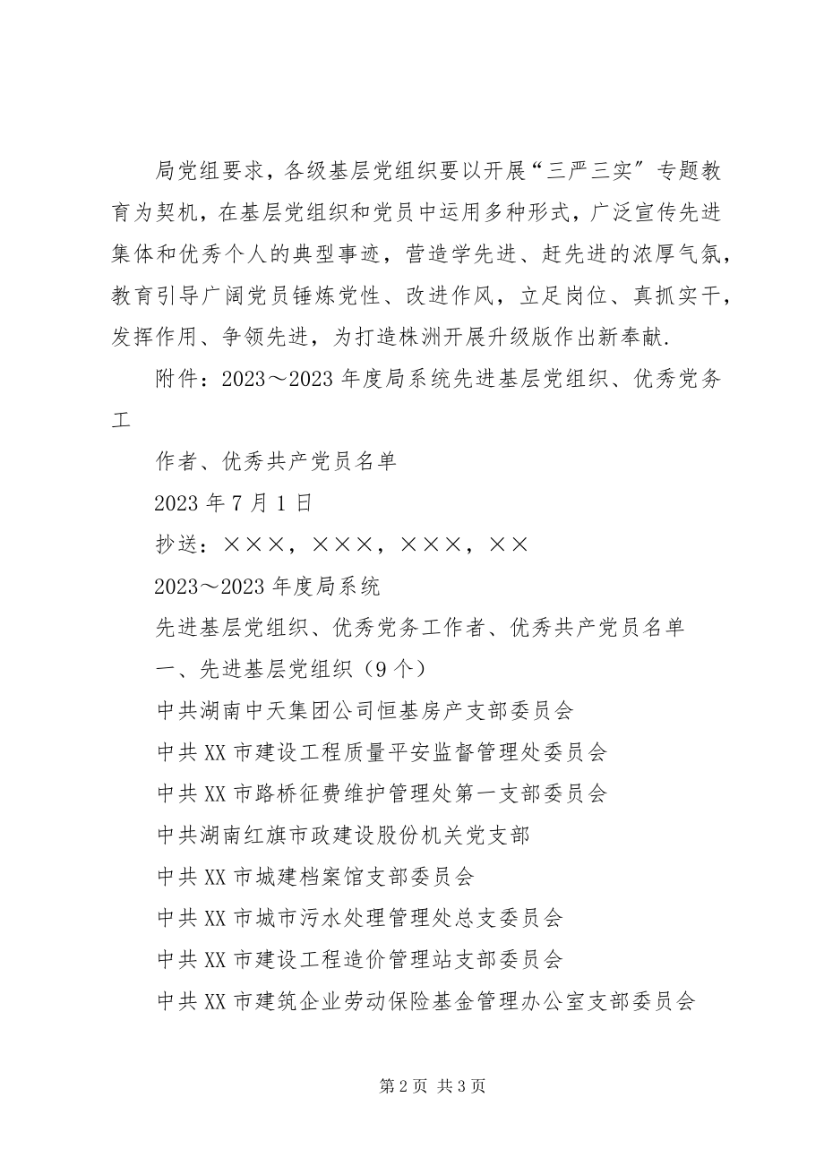 2023年表彰某年～某年度局系统先进基层党组织、优秀党务工作者、....docx_第2页