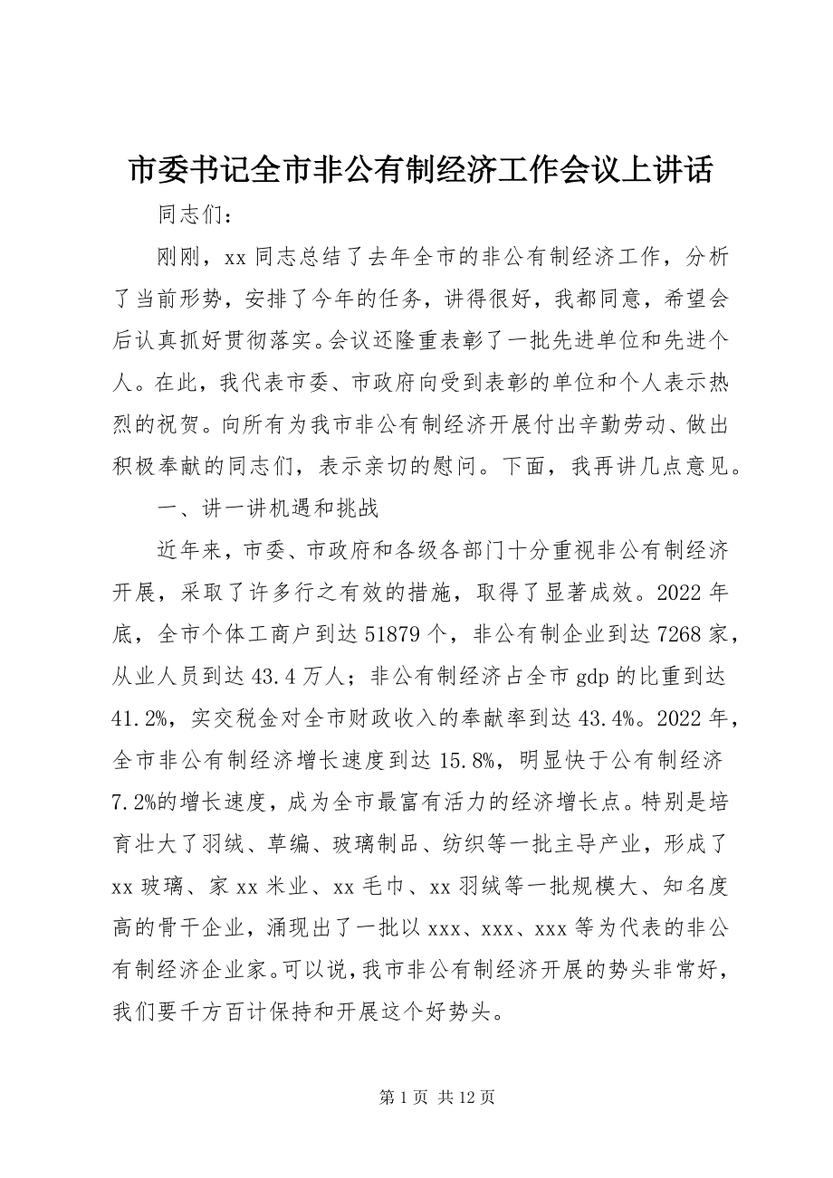 2023年市委书记全市非公有制经济工作会议上致辞.docx_第1页