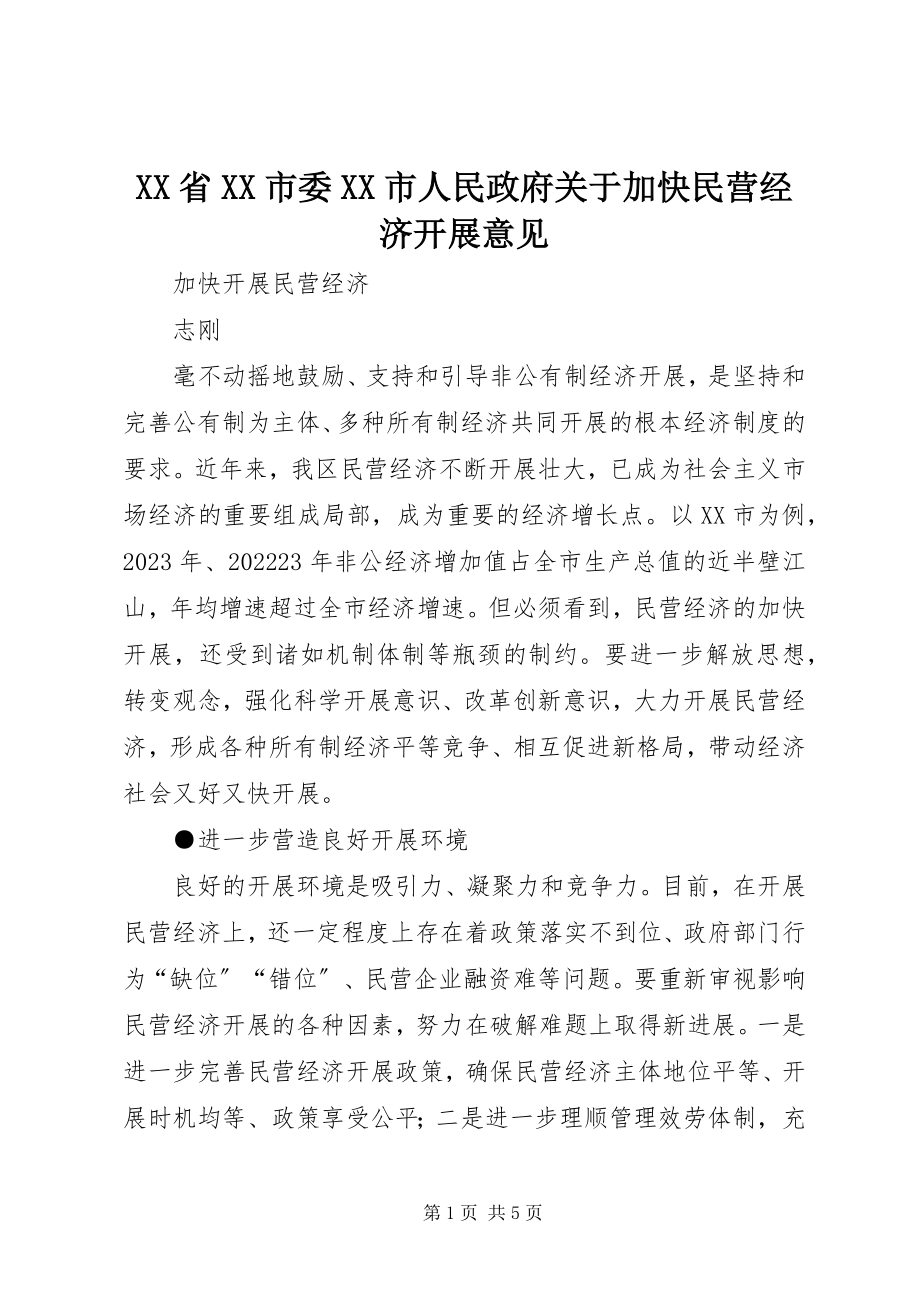 2023年XX省XX市委XX市人民政府关于加快民营经济发展意见新编.docx_第1页