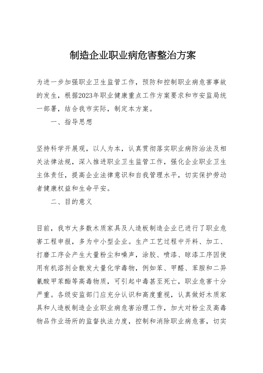 2023年制造企业职业病危害整治方案.doc_第1页