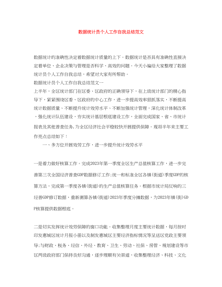 2023年数据统计员个人工作自我总结.docx_第1页