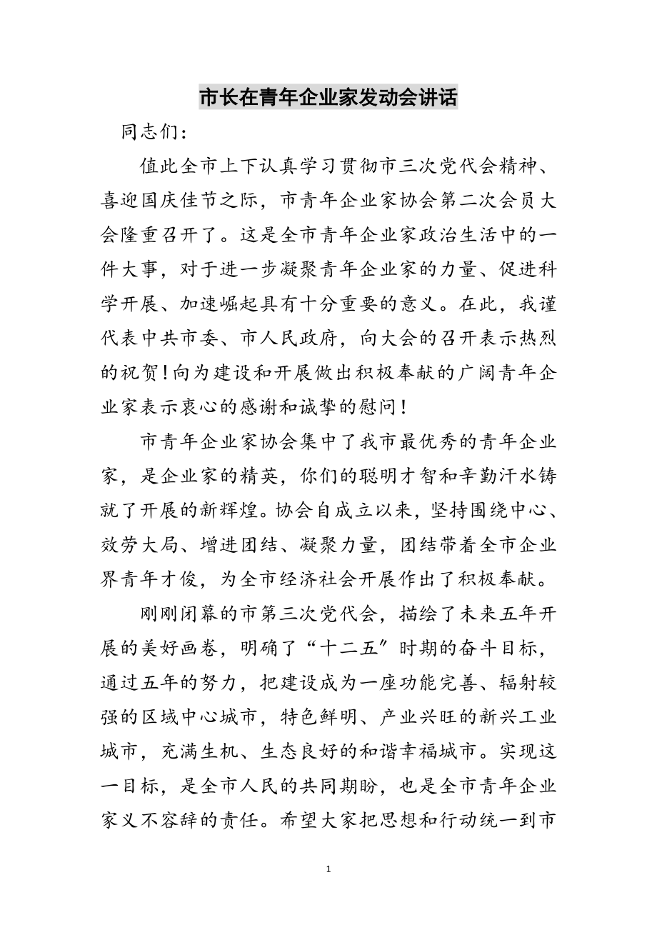 2023年市长在青年企业家动员会讲话范文.doc_第1页