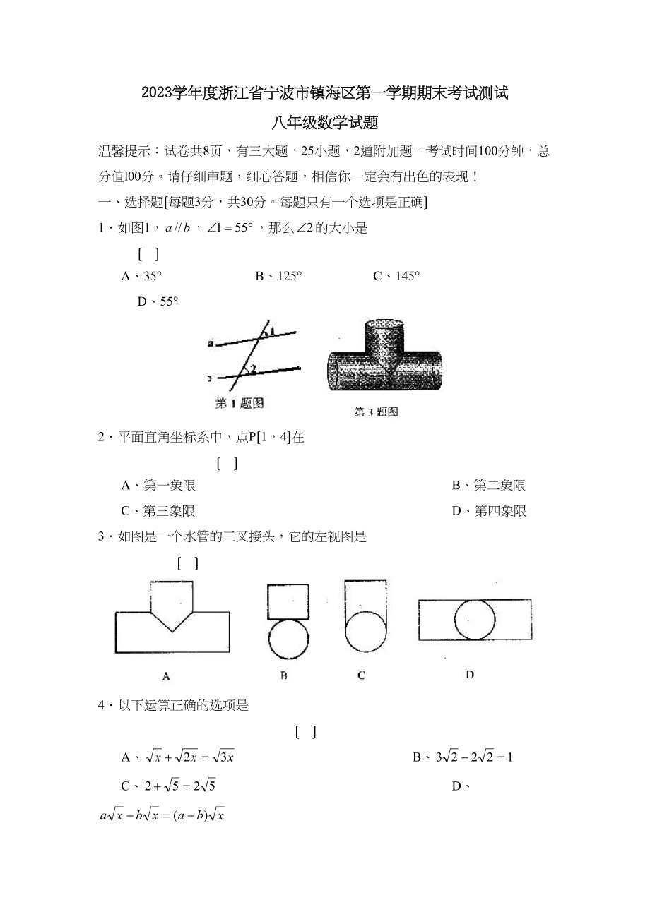 2023年度浙江省宁波市镇海区第一学期八年级期末考试测试初中数学.docx_第1页