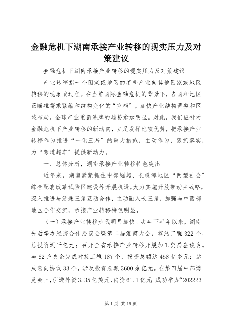 2023年金融危机下湖南承接产业转移的现实压力及对策建议.docx_第1页