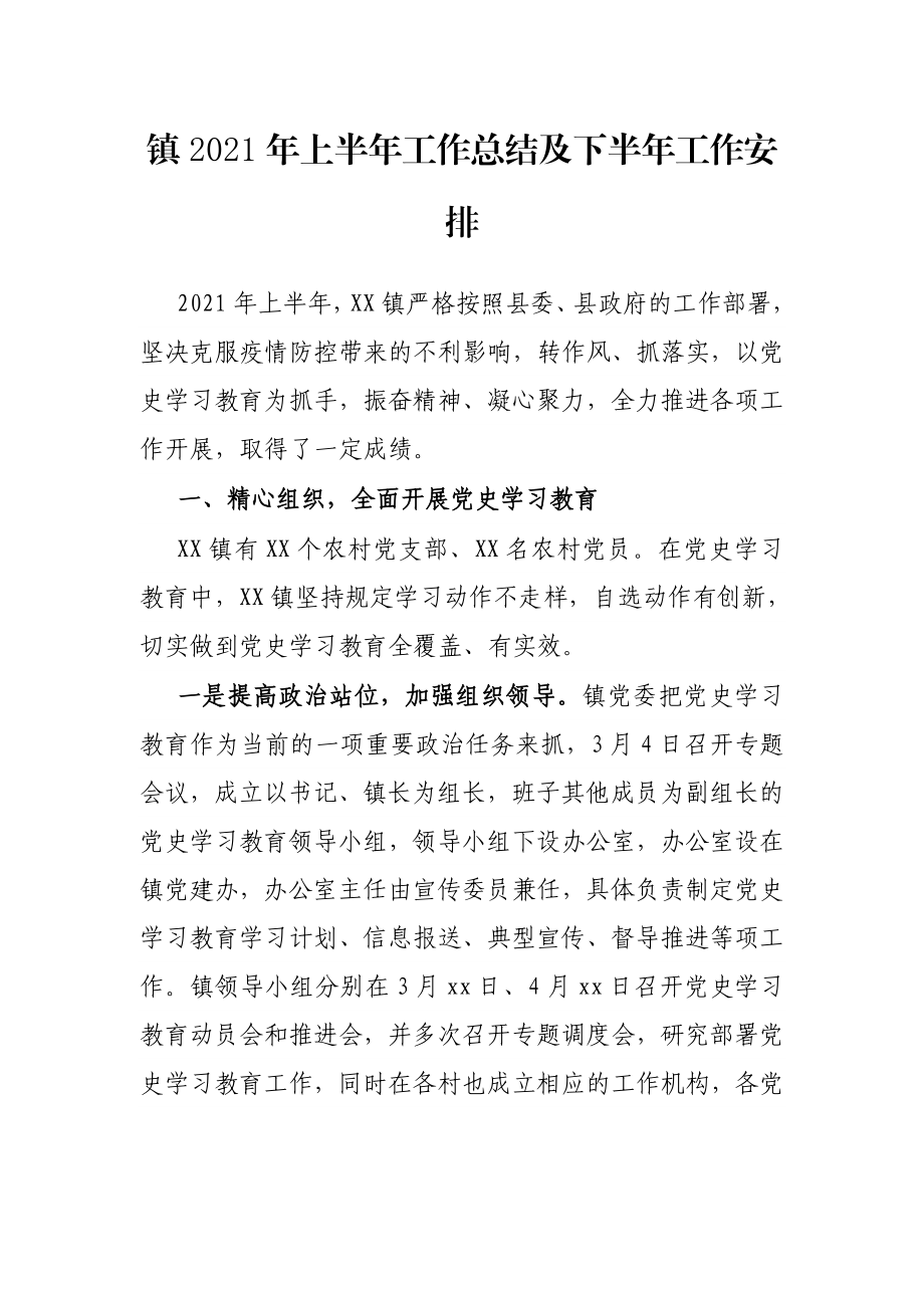 镇2021年上半年工作总结及下半年工作安排.docx_第1页