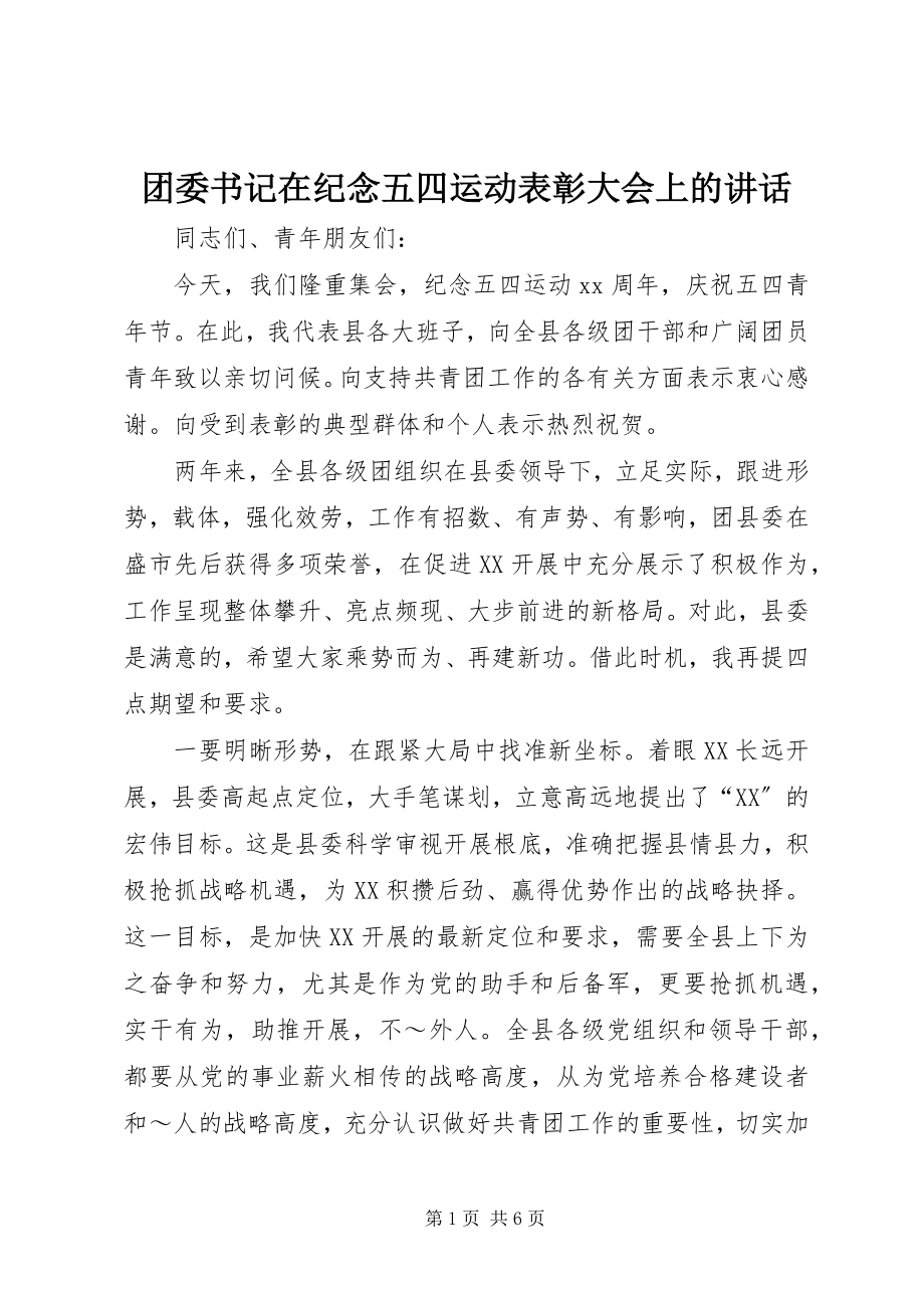 2023年团委书记在纪念五四运动表彰大会上的致辞.docx_第1页